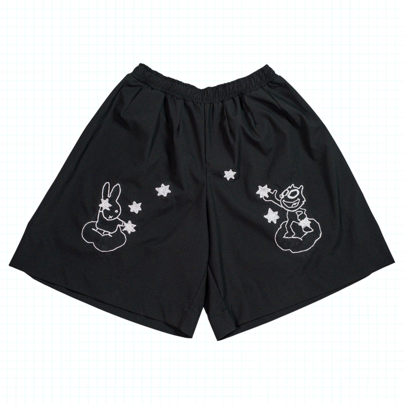 Hand Embroidered Micro Stripe Denim Pleated Box Shorts