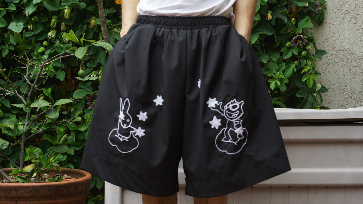 Hand Embroidered Micro Stripe Denim Pleated Box Shorts